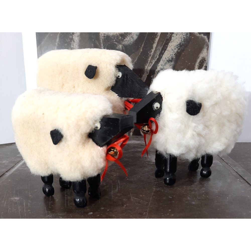 Folk Art Fuzzy Wool Woolen Sheep Wood Decoration Set of 3 Freestanding